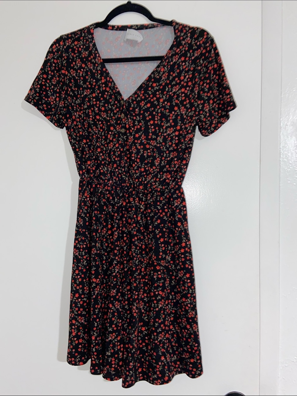 French Grey Black Mini Dress with Red Floral Print